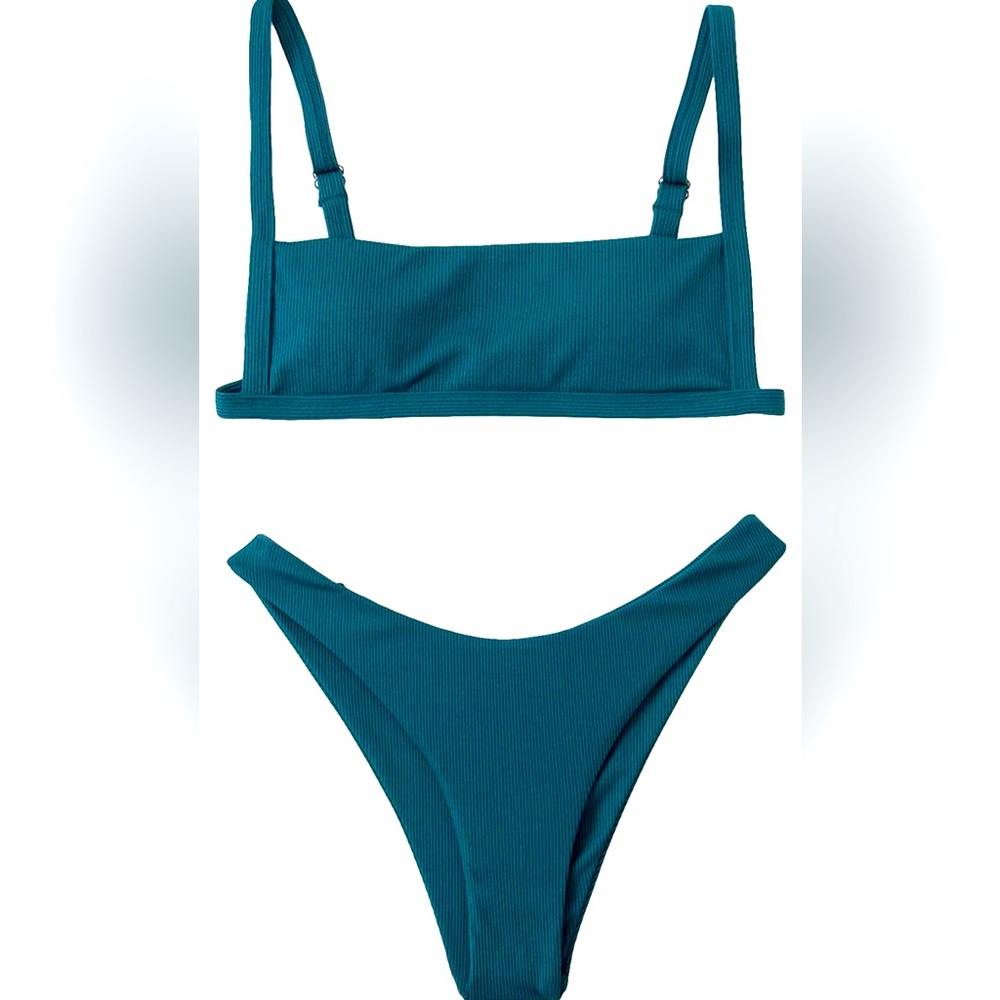Zaful Two Piece Bathing Suit Ribbed Backless High Cut Spaghetti Strap Cheeky